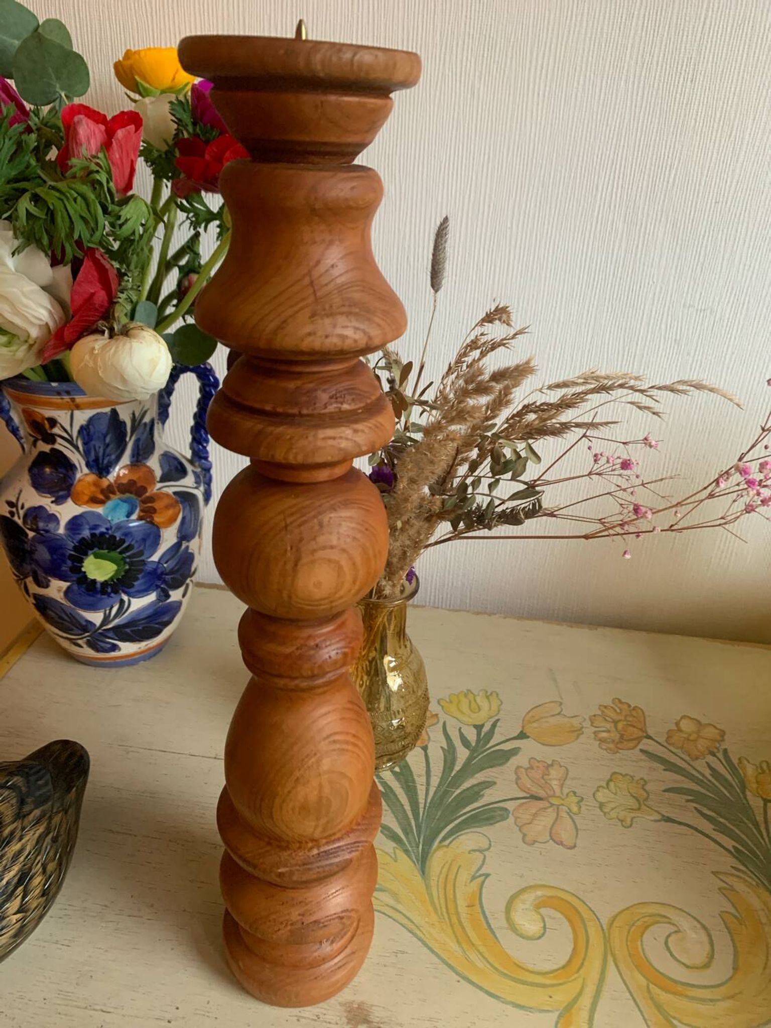 Sculptural Totem Candle Holder 40cm - Turned Solid Wood - 70s Spirit / Pear