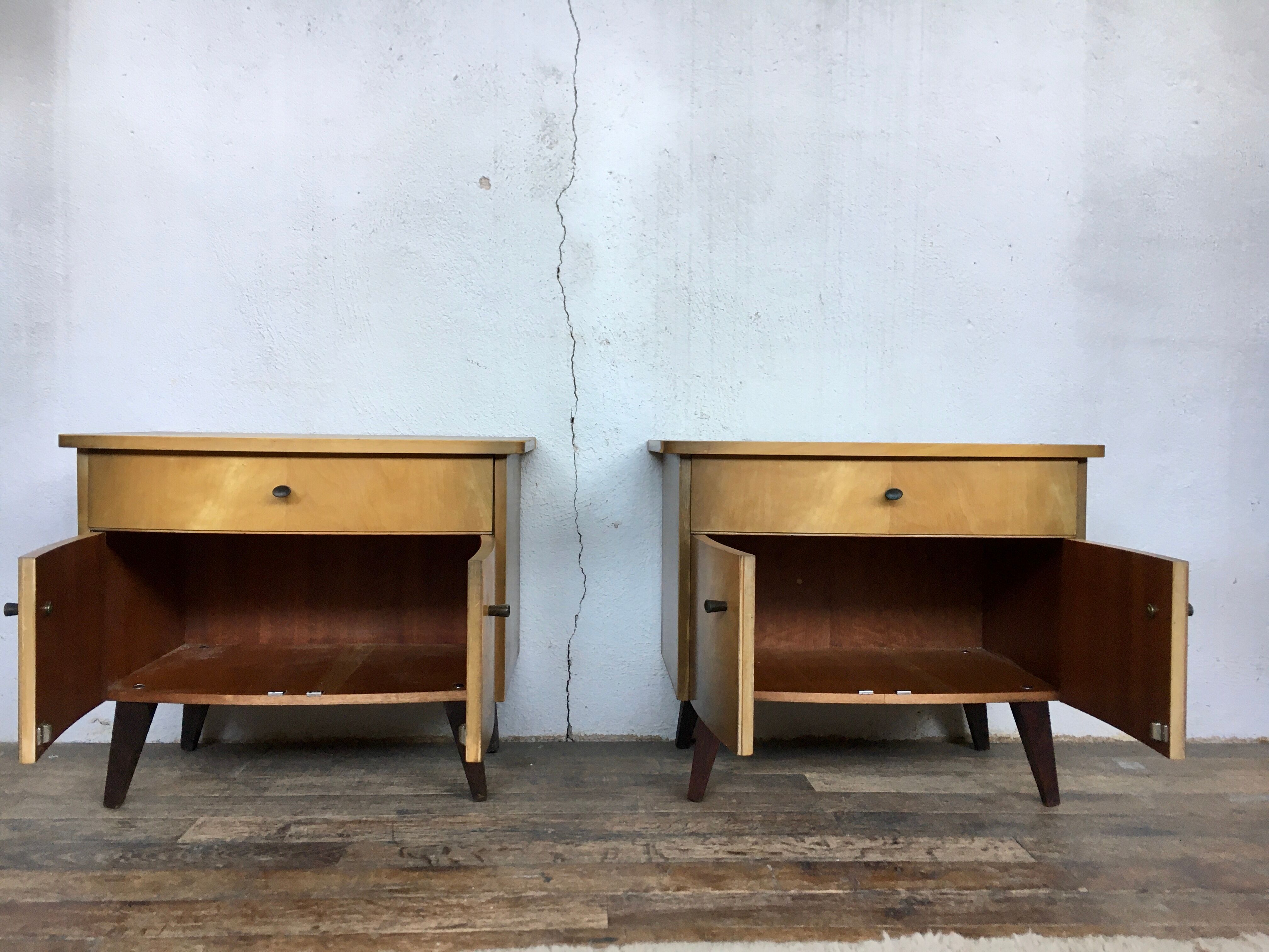 Paire de tables de nuit pieds compas chevet bout de canapé vintage ancien 1950 1960 rétro