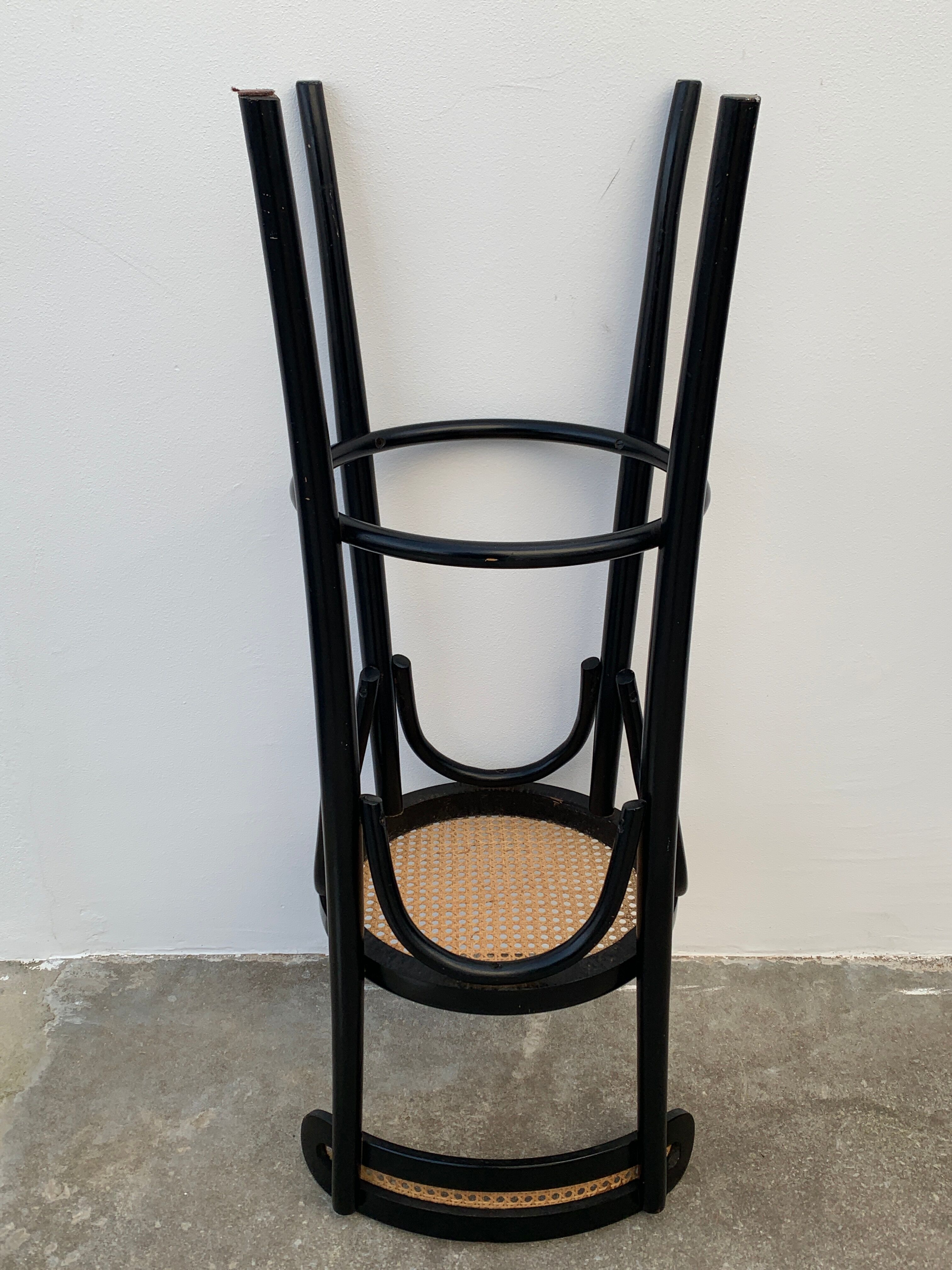 Pair of high canne stools or black curved wooden bar chairs, 1970