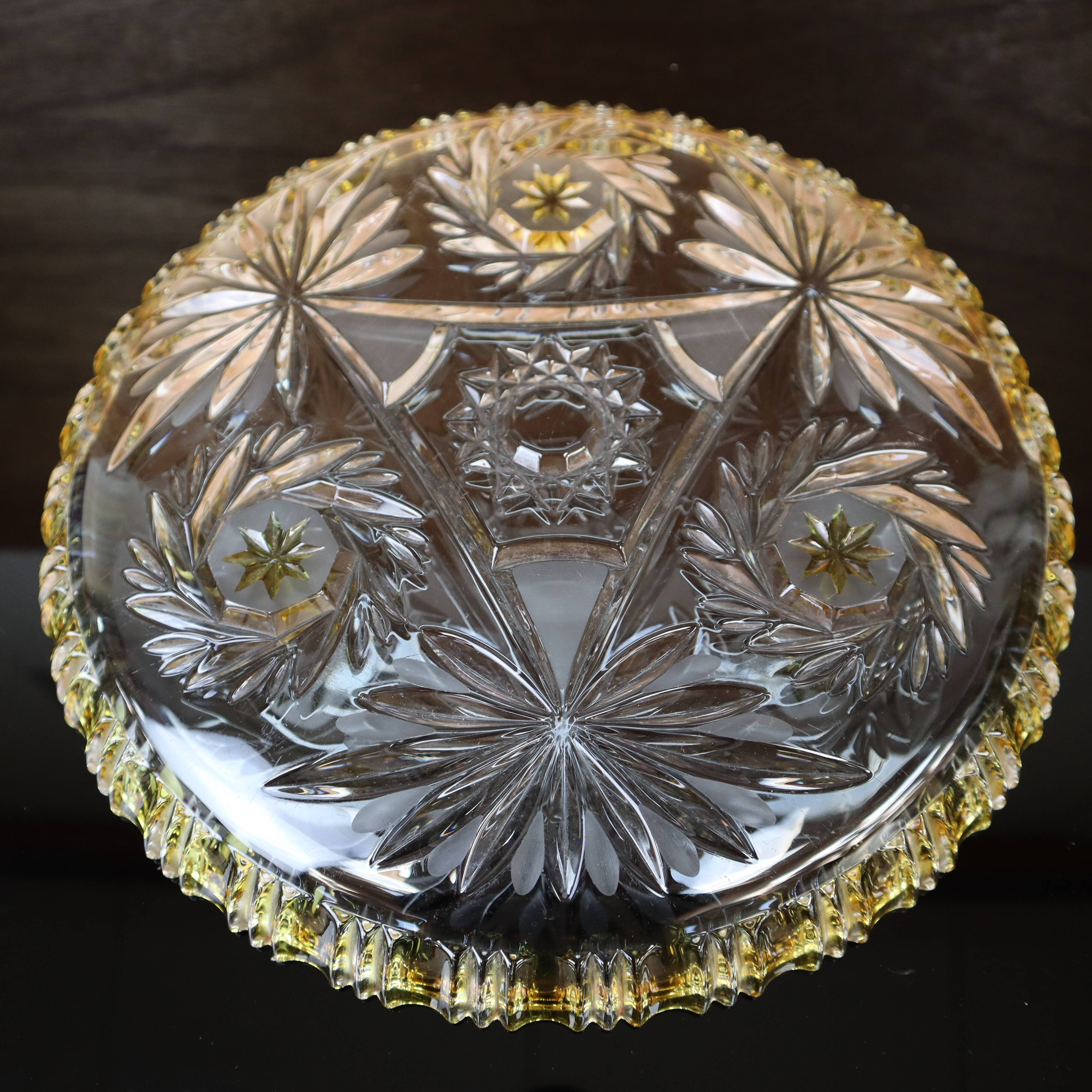 Walther Glas Bohemian crystal dish with yellow and flower pattern