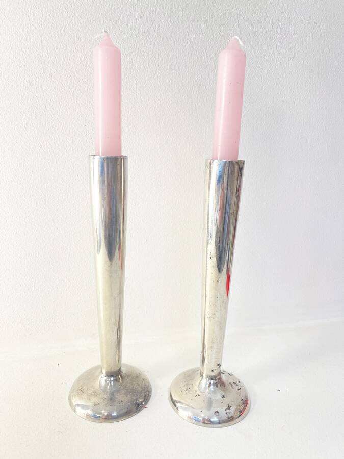 Pair of silver-plated metal candlesticks, 1930