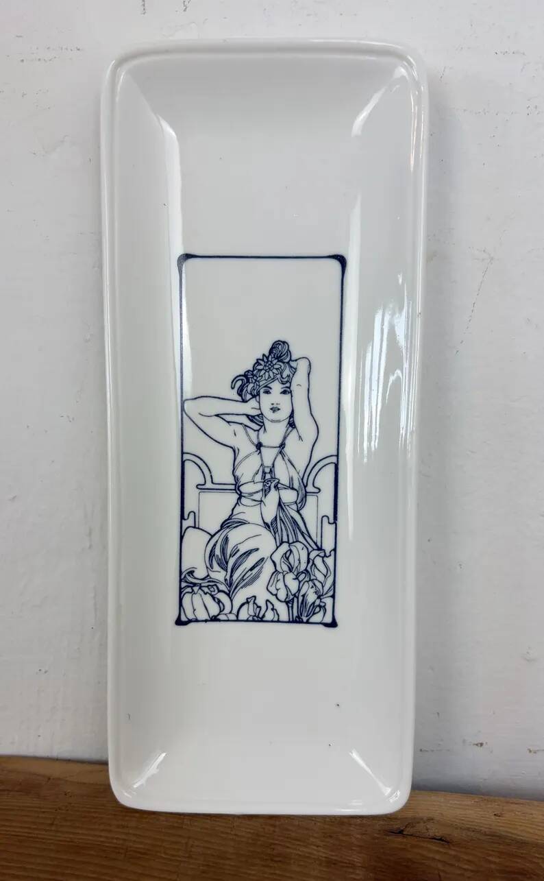 Vintage Mid-Century Ring Dish, Porcelain Tray featuring Alphonse Mucha’s "Amethyst"