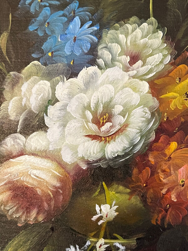 Huile sur panneau : nature morte aux fleurs