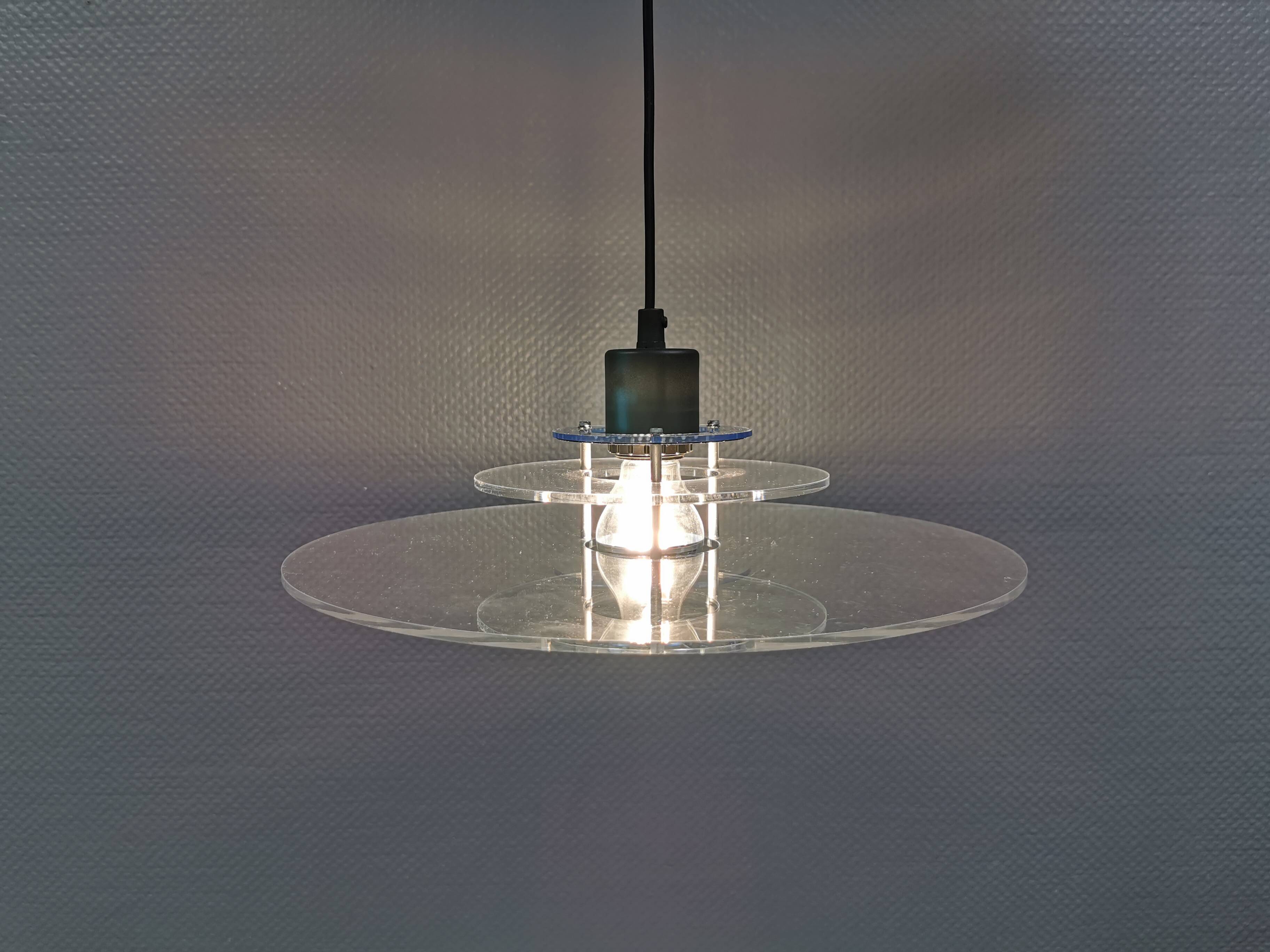 Danish space-age hanging lamp in transparent and blue plexi 1980s