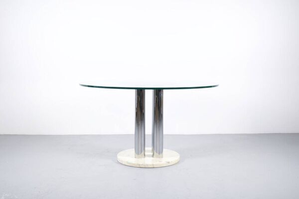 Table italienne à repas marbre acier chromé et verre années 70'