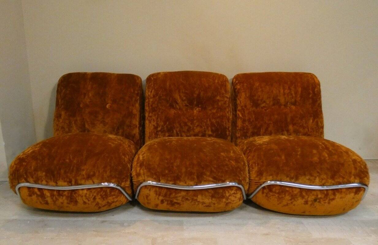 Modular three-seater sofa in steel and velvet, Adriano Piazzesi, 1970