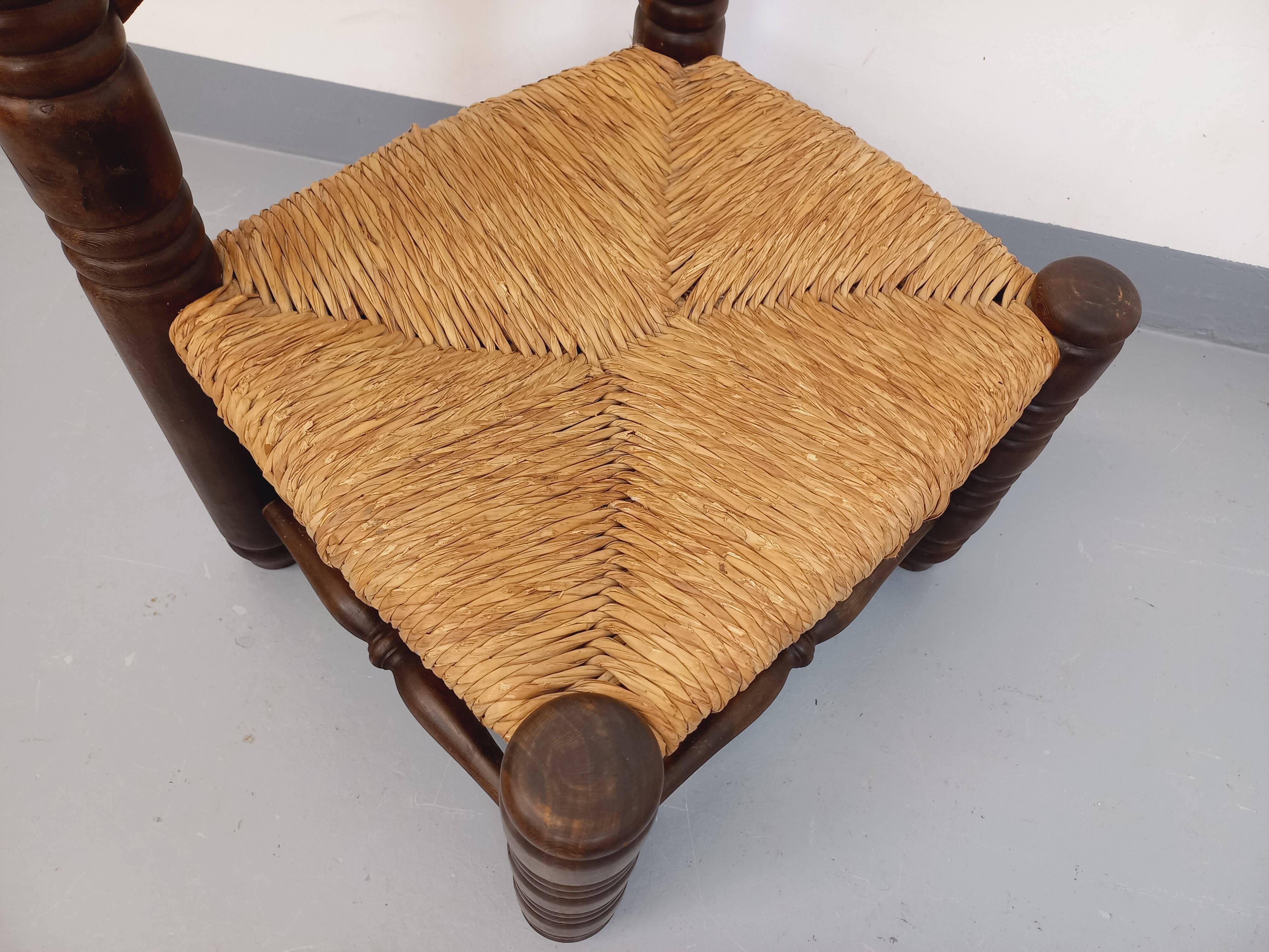 Vintage Charles Dudouyt Brutalist Low Chair in Wood and Straw, 1940s