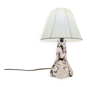 Pied de lampe en cristal tourbillon vintage et abat-jour plissé organza style baccarat 1940