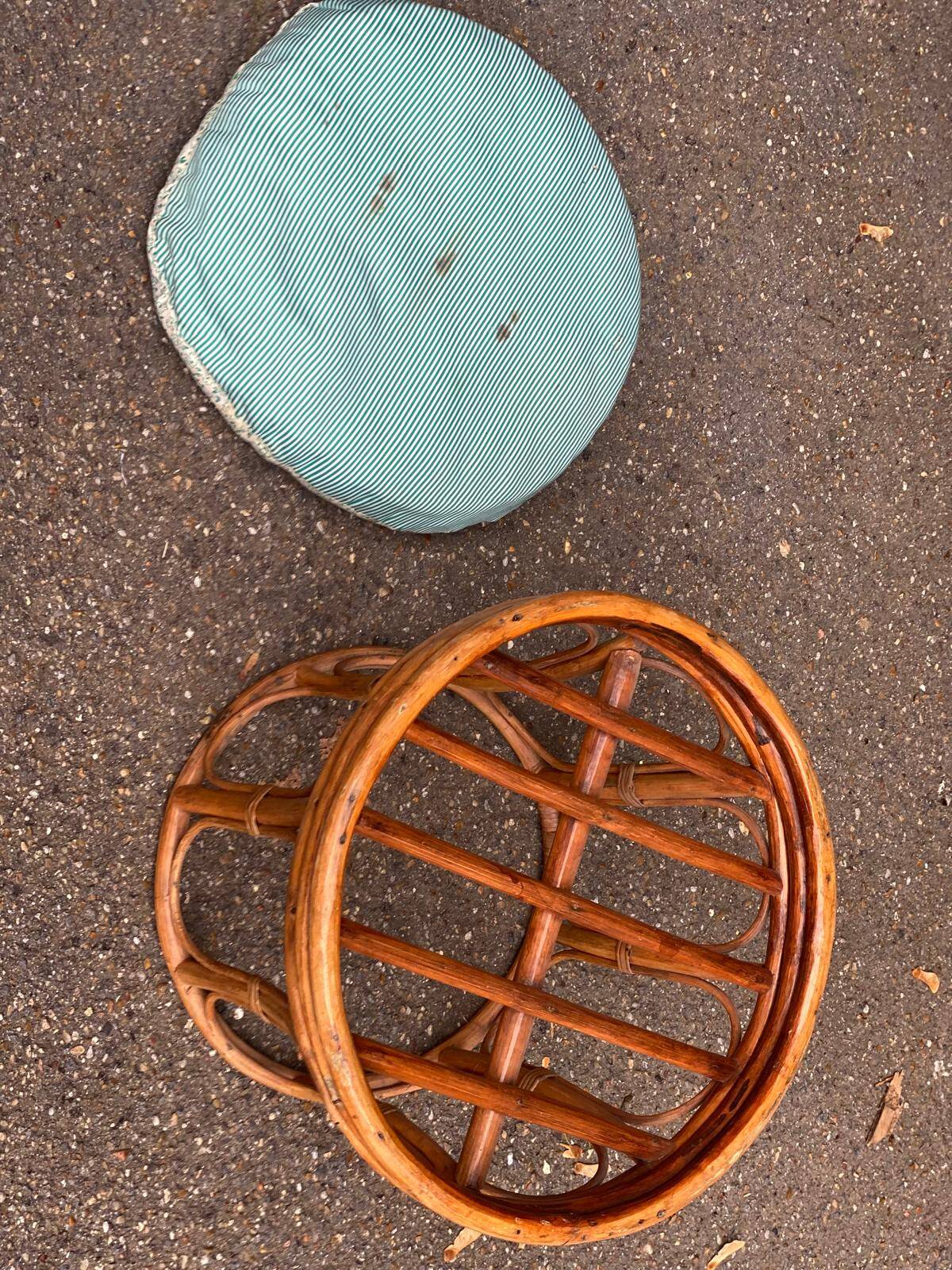 Vintage round woven bamboo pouf