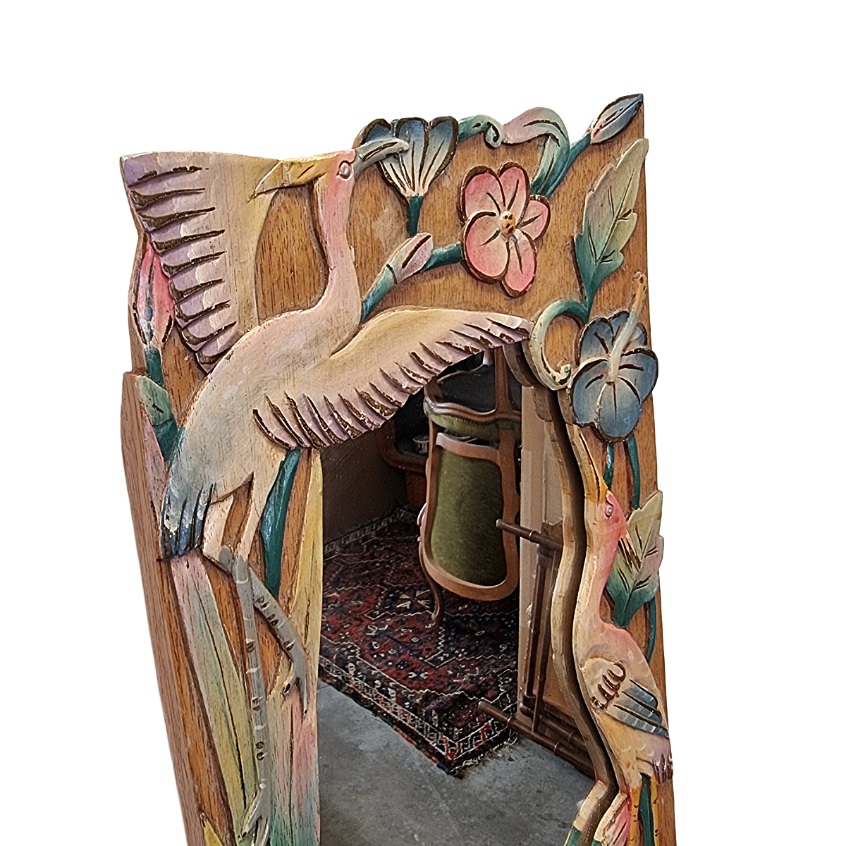 Vintage Balinese Wooden Mirror With Herons And Flowers, 1980/90s