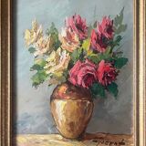 HSP painting "Bouquet of roses" in vase signed Florent + frame