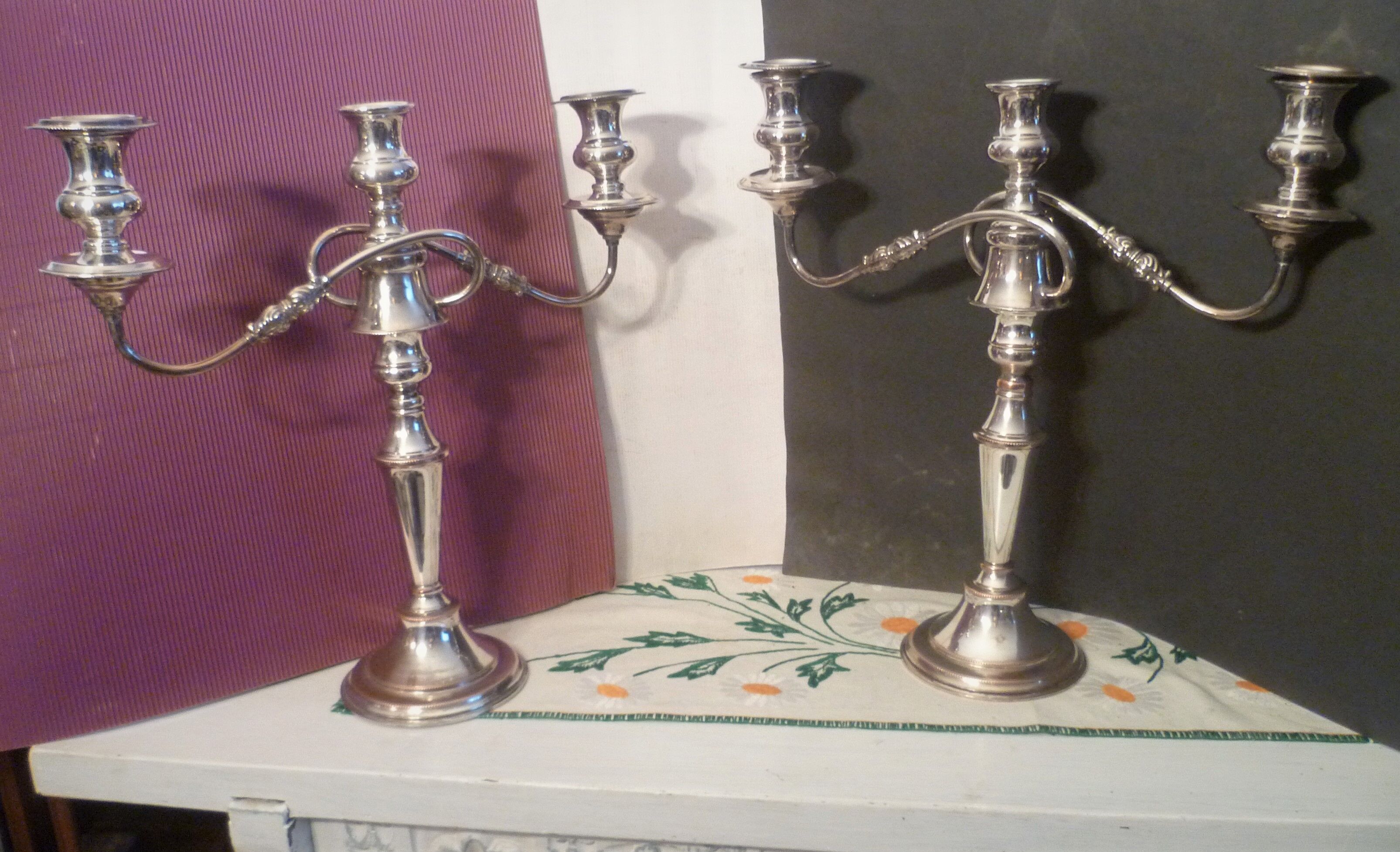 Large pair of candlesticks / candlesticks 3 lights in silver met.t.