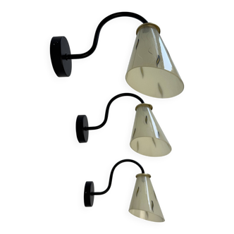 Set of 3 vintage glass wall lights
