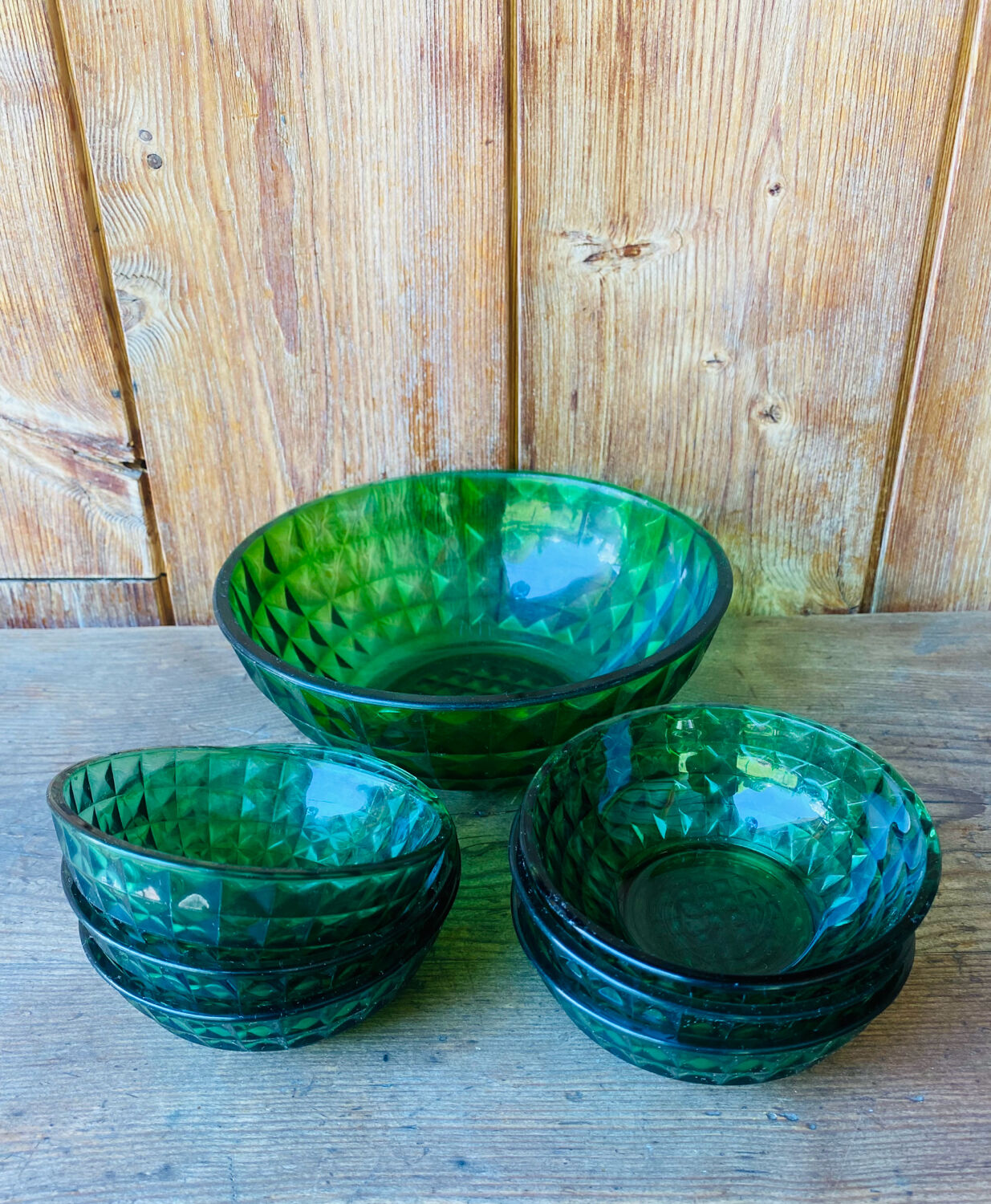 Vintage green Duralex salad bowl and ramekins.