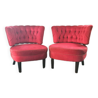 Fauteuils lounge vintage en velours rouge du milieu du siècle par Otto Schulz 1940 pour Jio Möbler