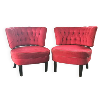 Mid century Vintage, Red Velvet Lounge chairs-cocktail chairs by Otto Schulz 1940s for Jio Möbler