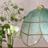 Vintage pendant light in blue mother-of-pearl and brass.