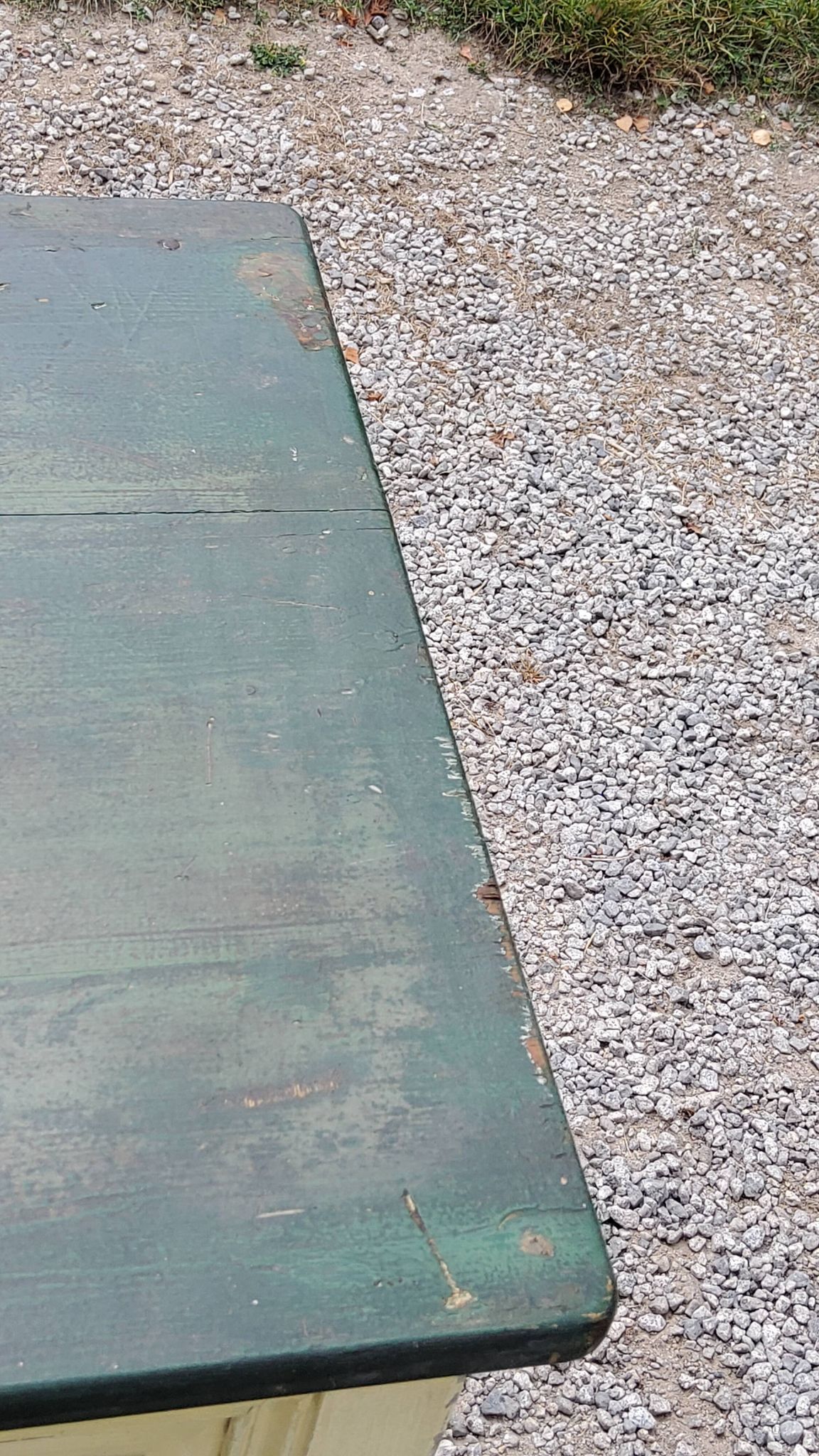Late 19th century grocery counter in green and yellow patina painted wood