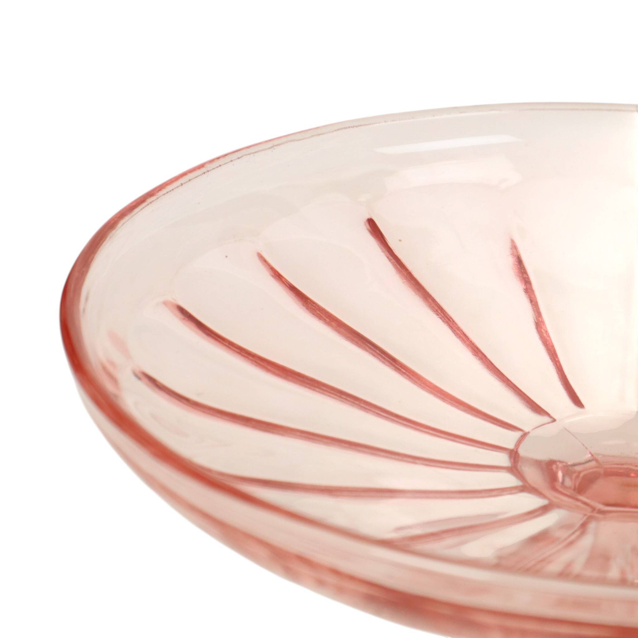 Bol à fruits haut Art Déco rose en verre dépression 28 cm