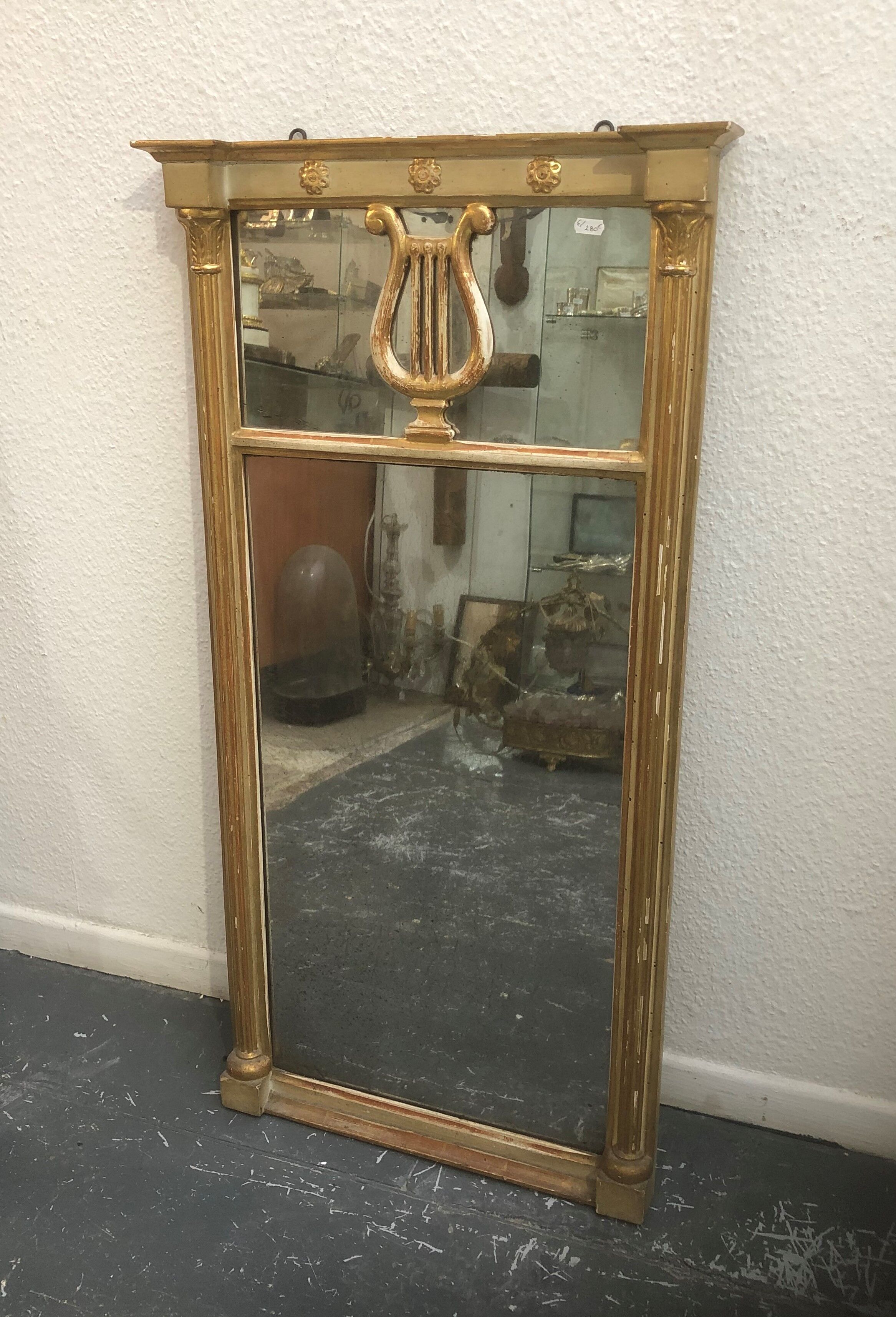 Old wooden mirror and gilded stucco 19th Style Louis XVI Trumeau Décor Columns and Lyre 52x102cm