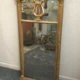 Old wooden mirror and gilded stucco 19th Style Louis XVI Trumeau Décor Columns and Lyre 52x102cm