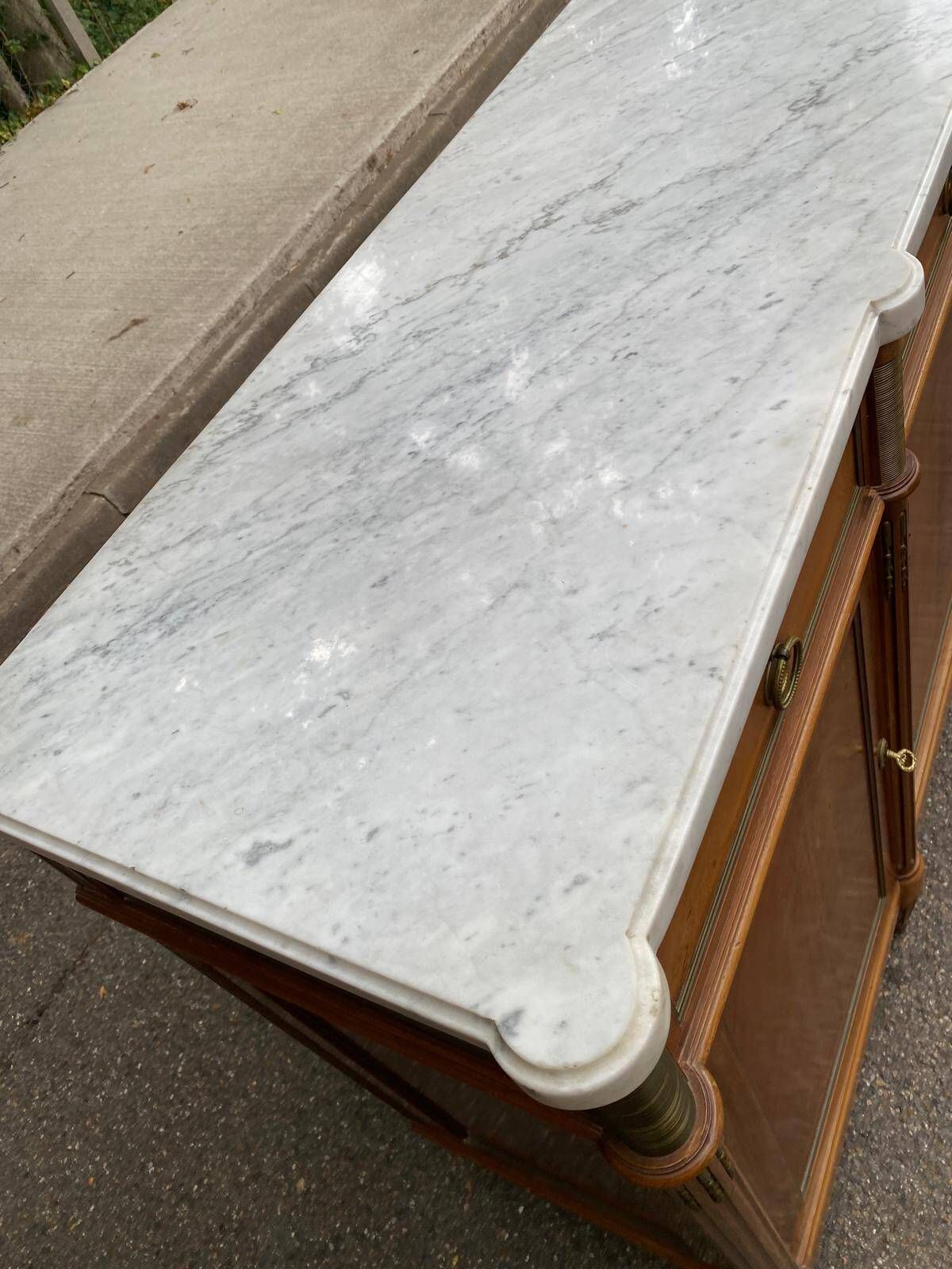 Louis XVI sideboard in solid mahogany with a white marble top, 222cm, 1950.