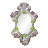 Miroir vénitien ovale vert et rose floréal sculpté à la main des années 2000 dans le style en verre de Murano