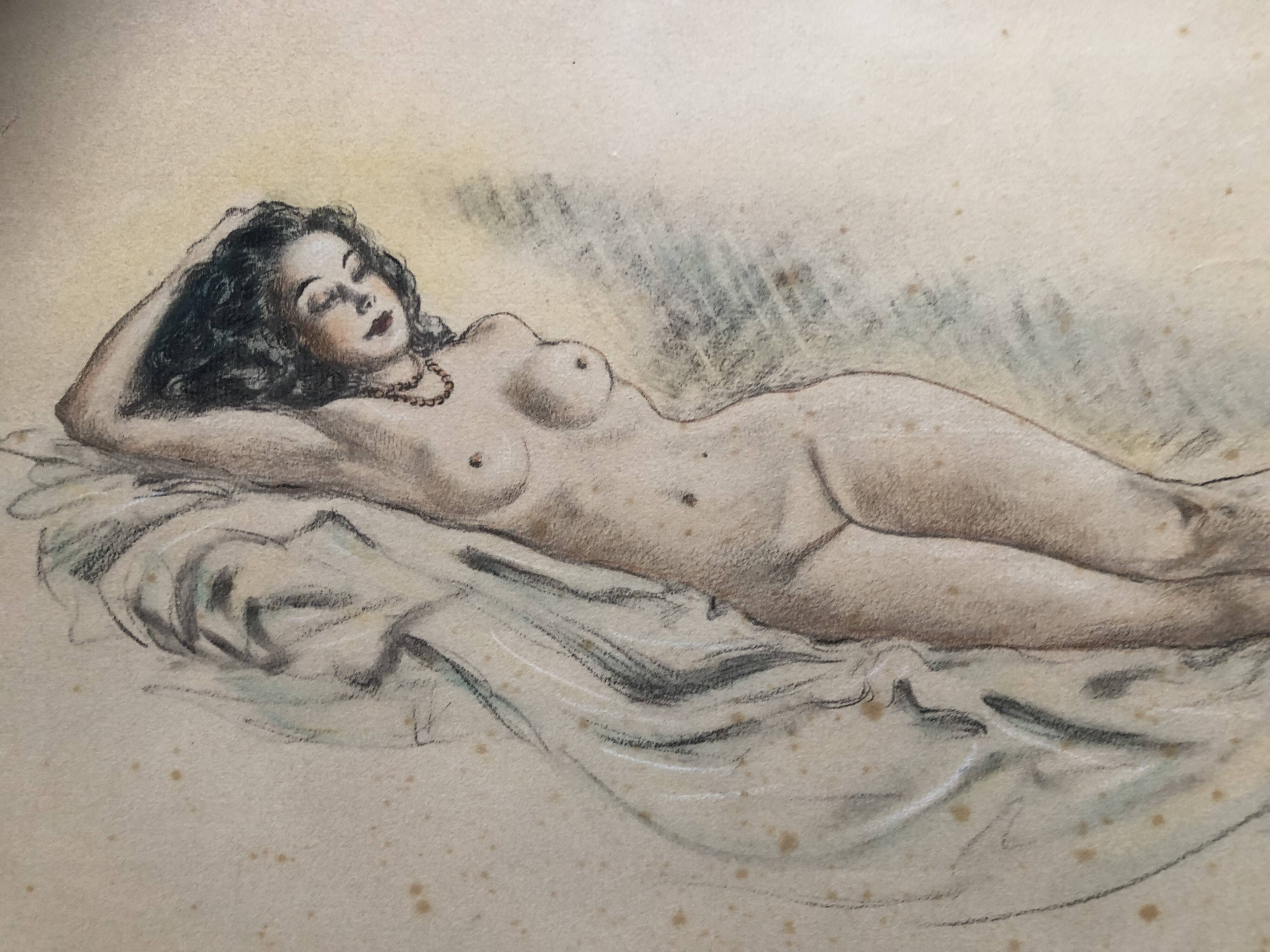 Pencil and pastel drawing xix paper: naked woman lying on a sheet, signed adam (hugo?), fine arts