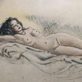 Pencil and pastel drawing xix paper: naked woman lying on a sheet, signed adam (hugo?), fine arts