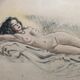 Dessin crayon et pastel xix papier : femme nue allongée sur un drap, signé adam (hugo ?), beaux arts