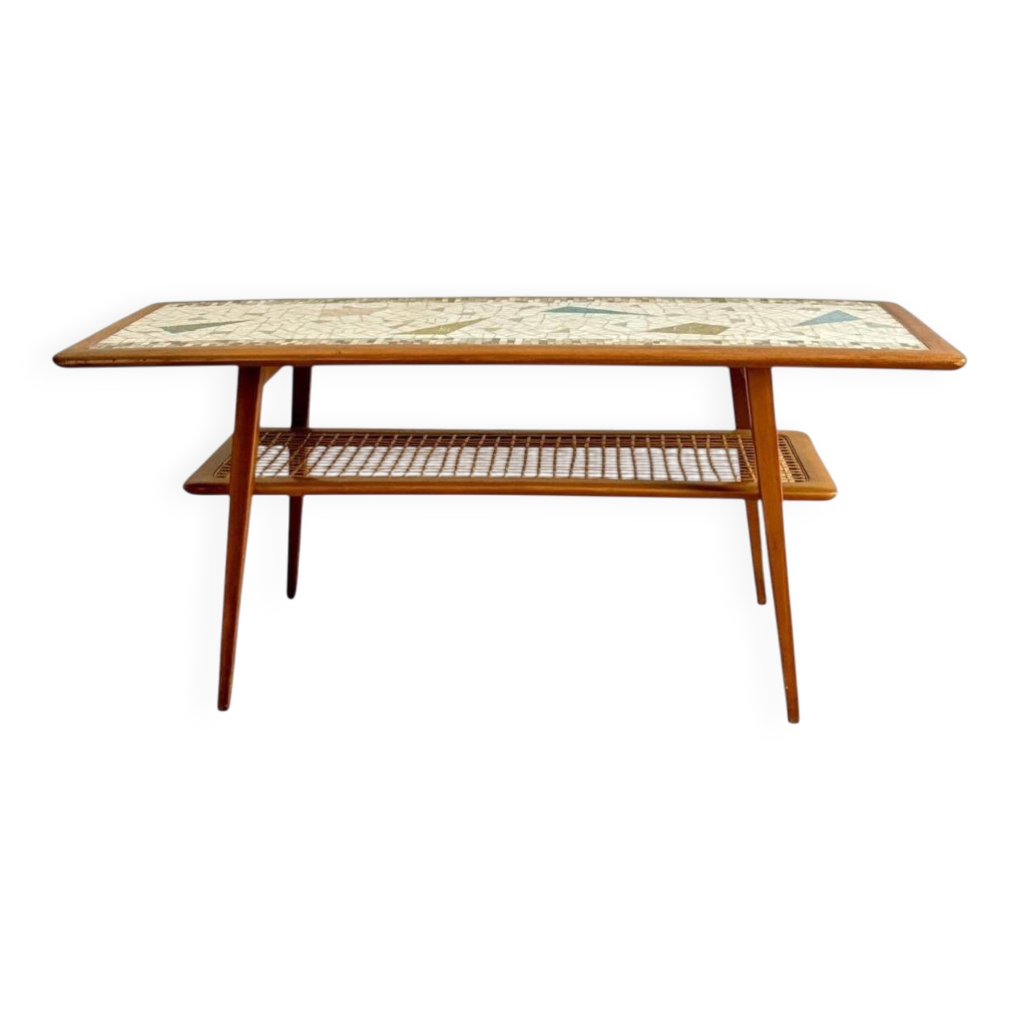 Mosaic coffee table, teak and straw, created by designer Paul Jensen.