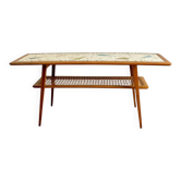 Mosaic coffee table, teak and straw, created by designer Paul Jensen.