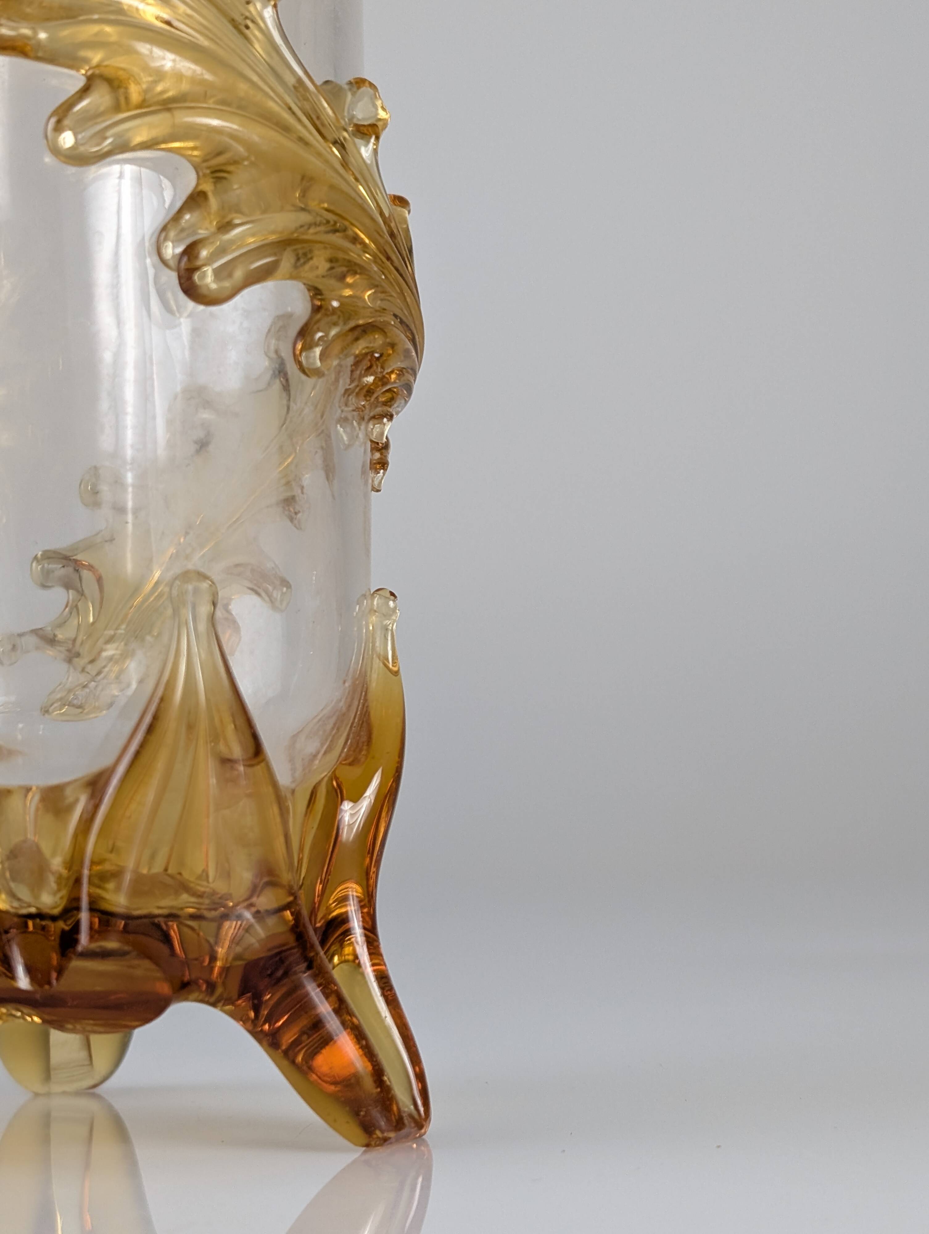 French Art Nouveau Uranium Glass Bottle with Applied Amber Leaves, c. 1900