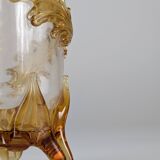 French Art Nouveau Uranium Glass Bottle with Applied Amber Leaves, c. 1900