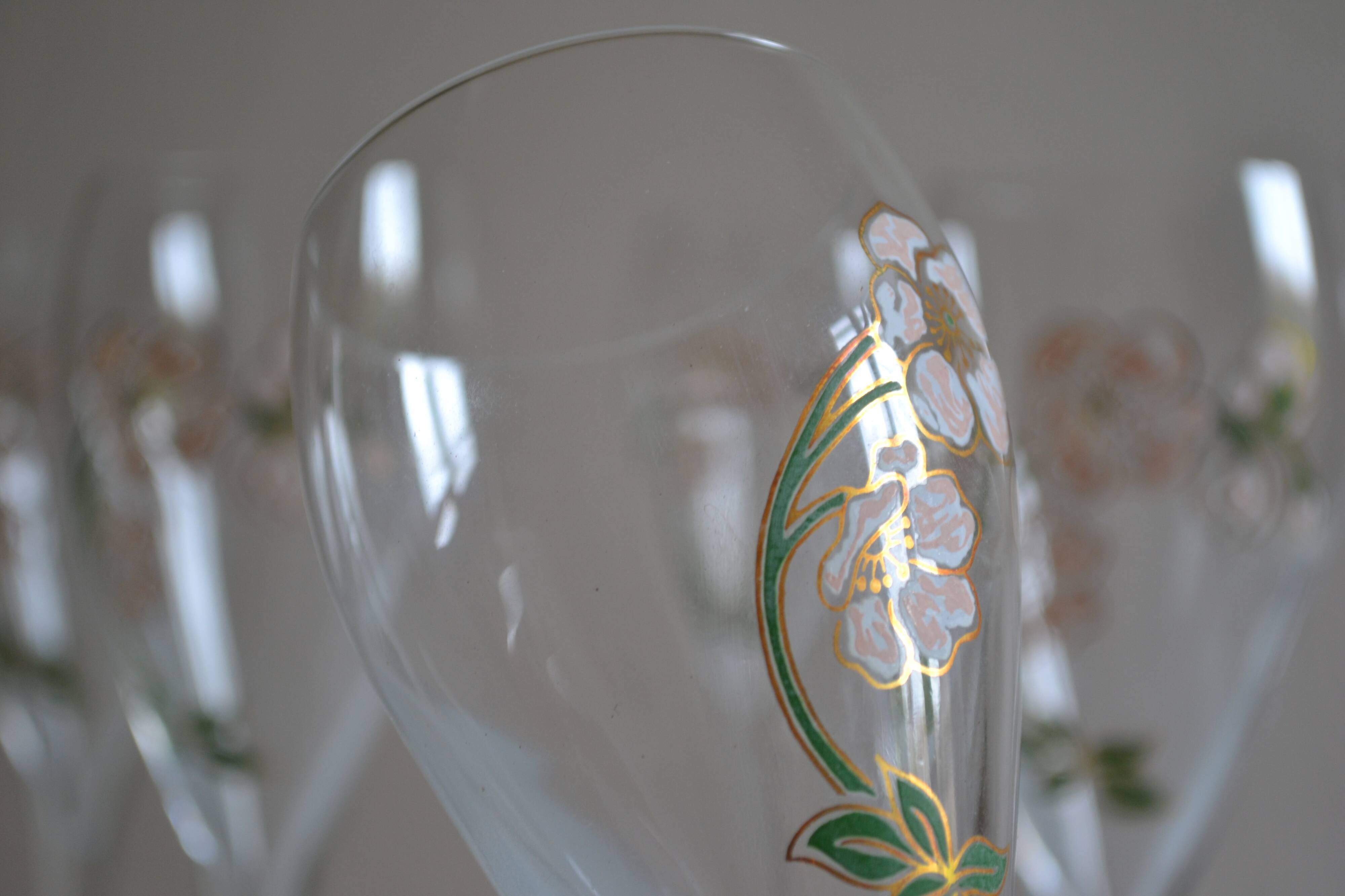 6 champagne flutes Perrier Jouet model Belle Époque by Emile Gallé