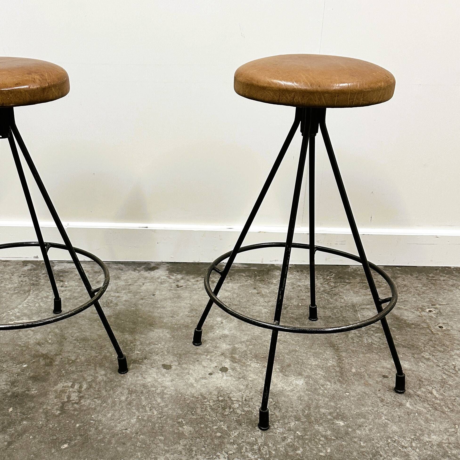 Pair of Industrial Vintage Metal Frame Bar Stools, France 1970s.