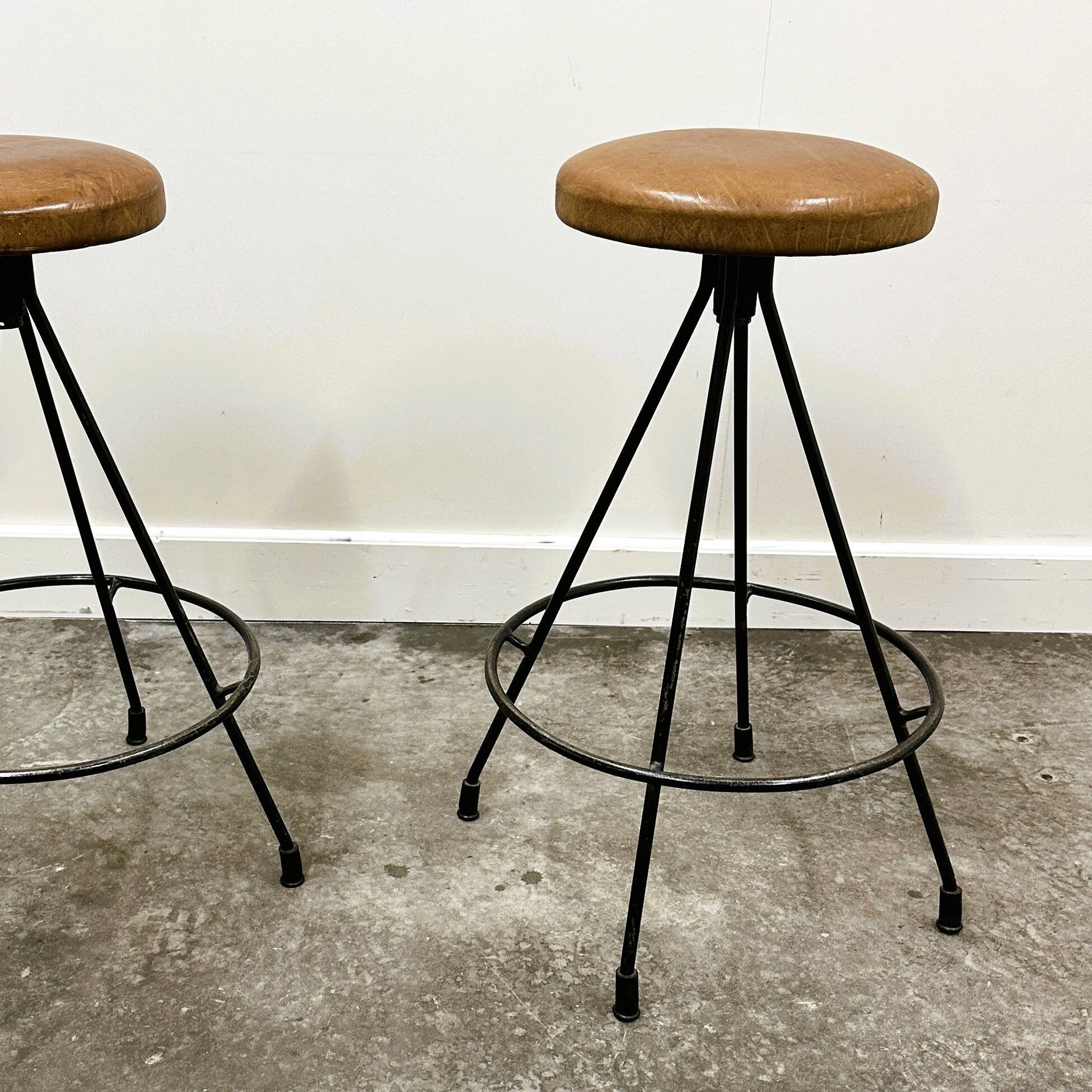 Pair of Industrial Vintage Metal Frame Bar Stools, France 1970s.
