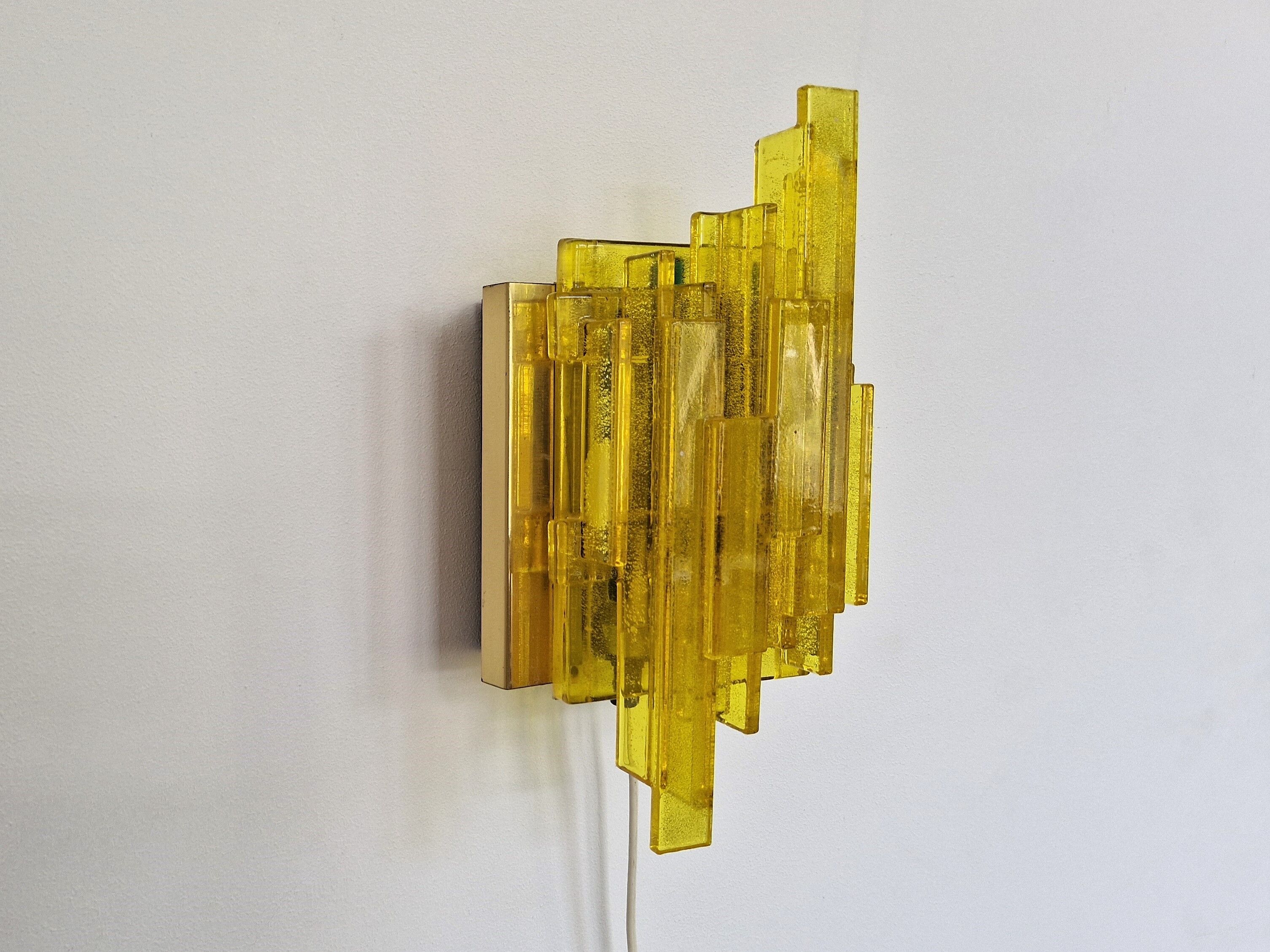 Yellow acrylic and metal wall lamp by Claus Bolby for Cebo Industri, Denmark 1960's
