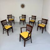 Lot de 6 chaises bistrot fauteuils en bois et simili jaune vintage année 80