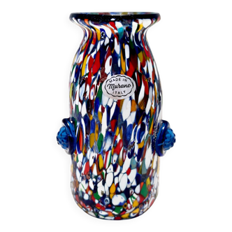 Vase en verre de Murano bleu attribué à Fratelli Toso avec des murrines, Italie