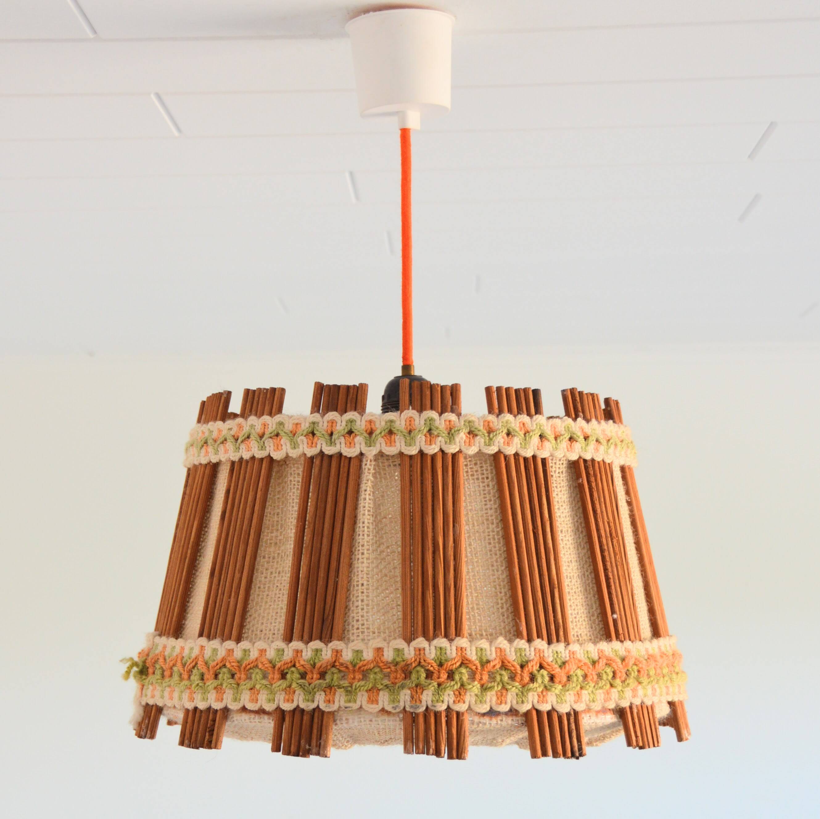 Vintage 1970s burlap and wood pendant light