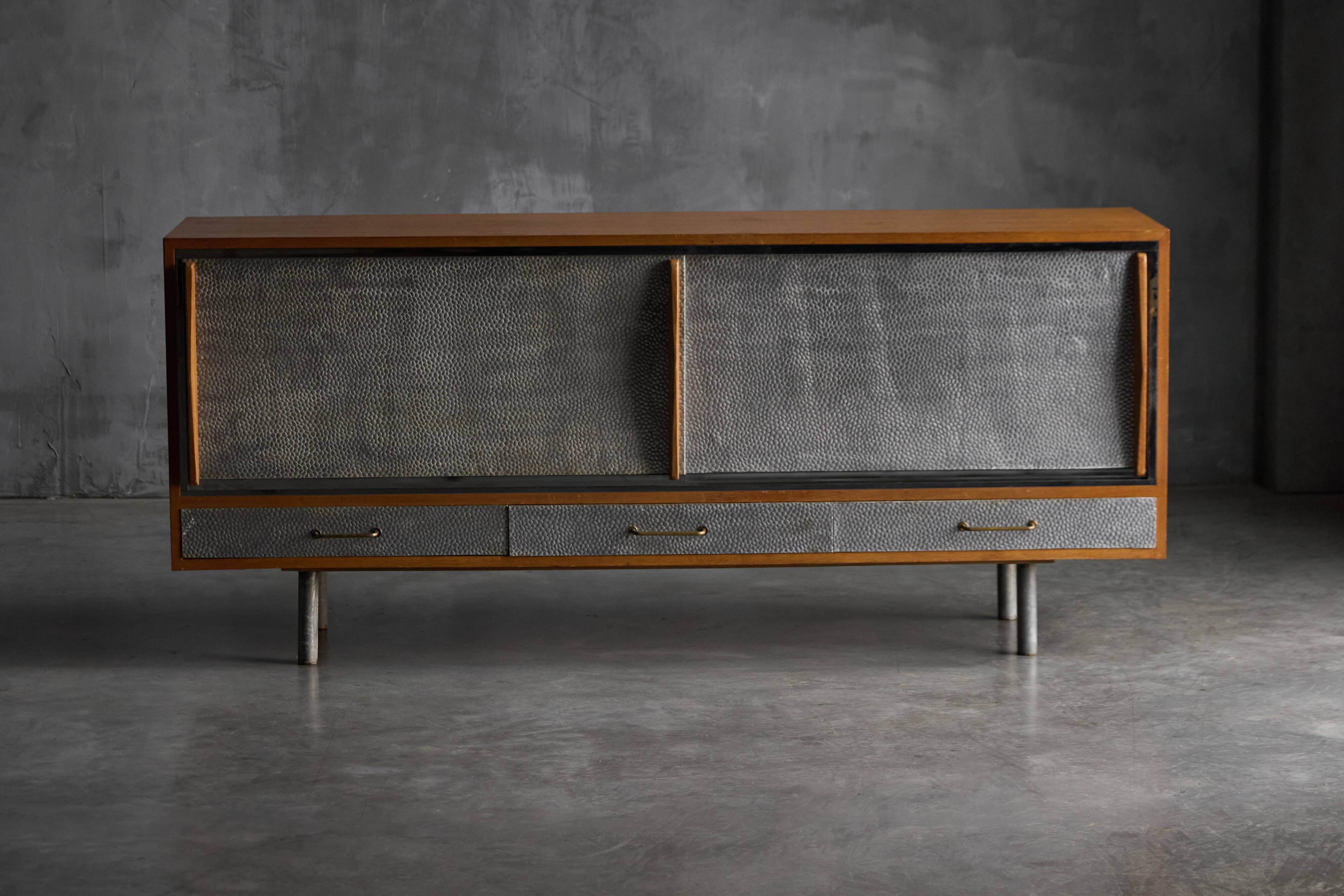 Mid-Century Modern Sideboard with Hammered Metal Façade, France, 1960s