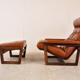 Vintage leather armchair with hocker, 1970s