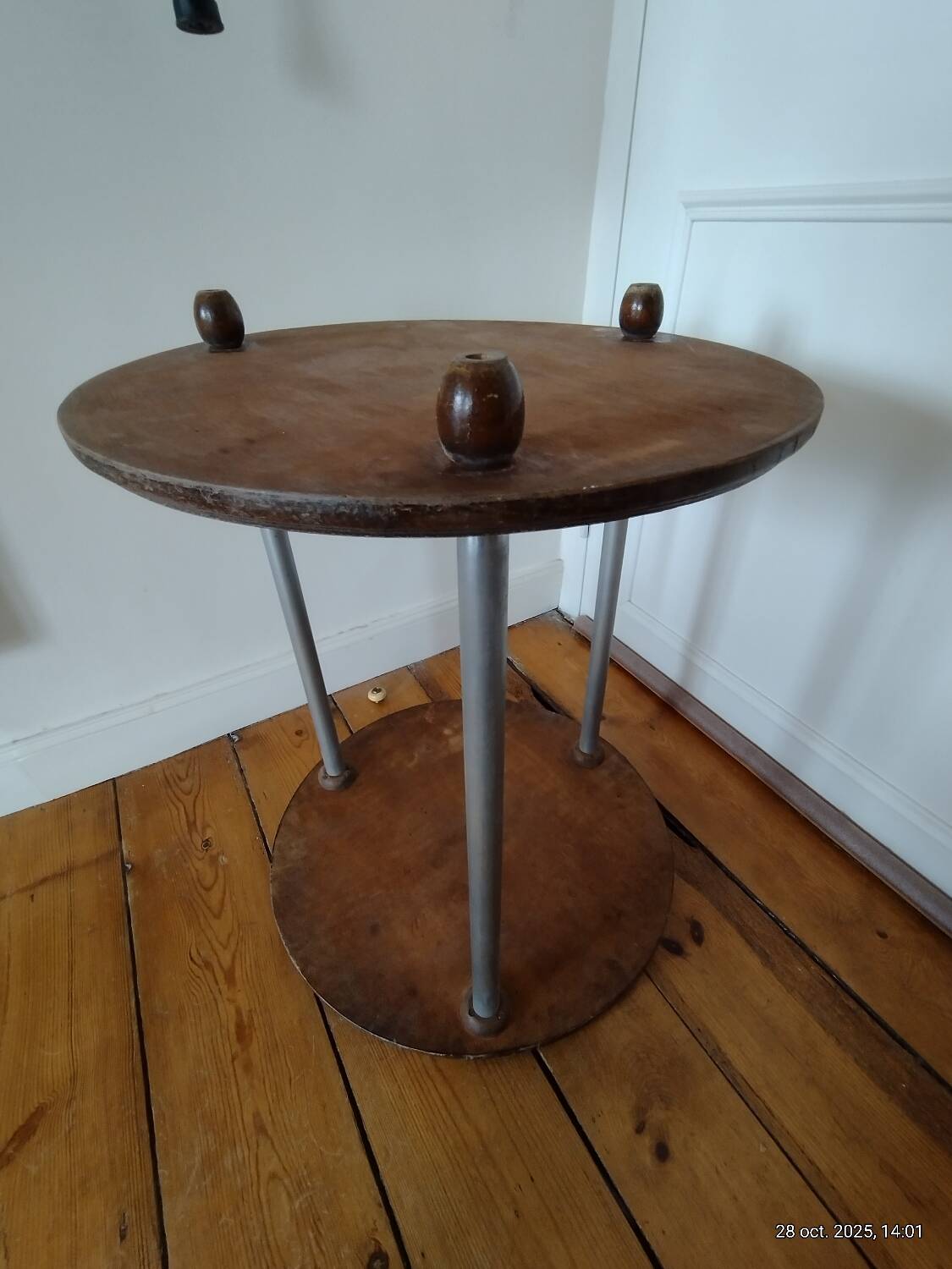 Table basse guéridon sellette vintage art déco tube métal plateau bois