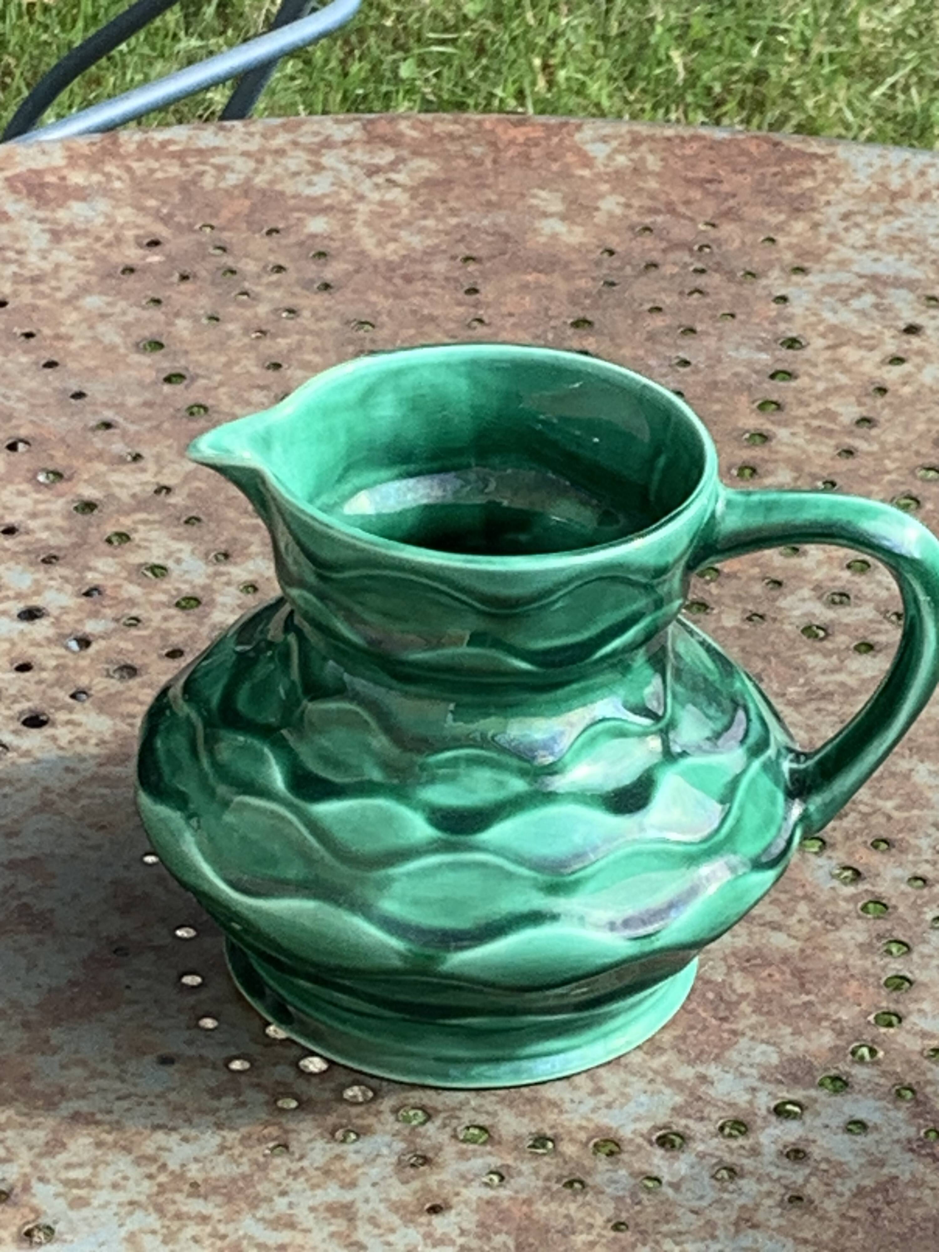 Carafe, pitcher in enamelled ceramic, slip, green, numbered 6183, vintage
