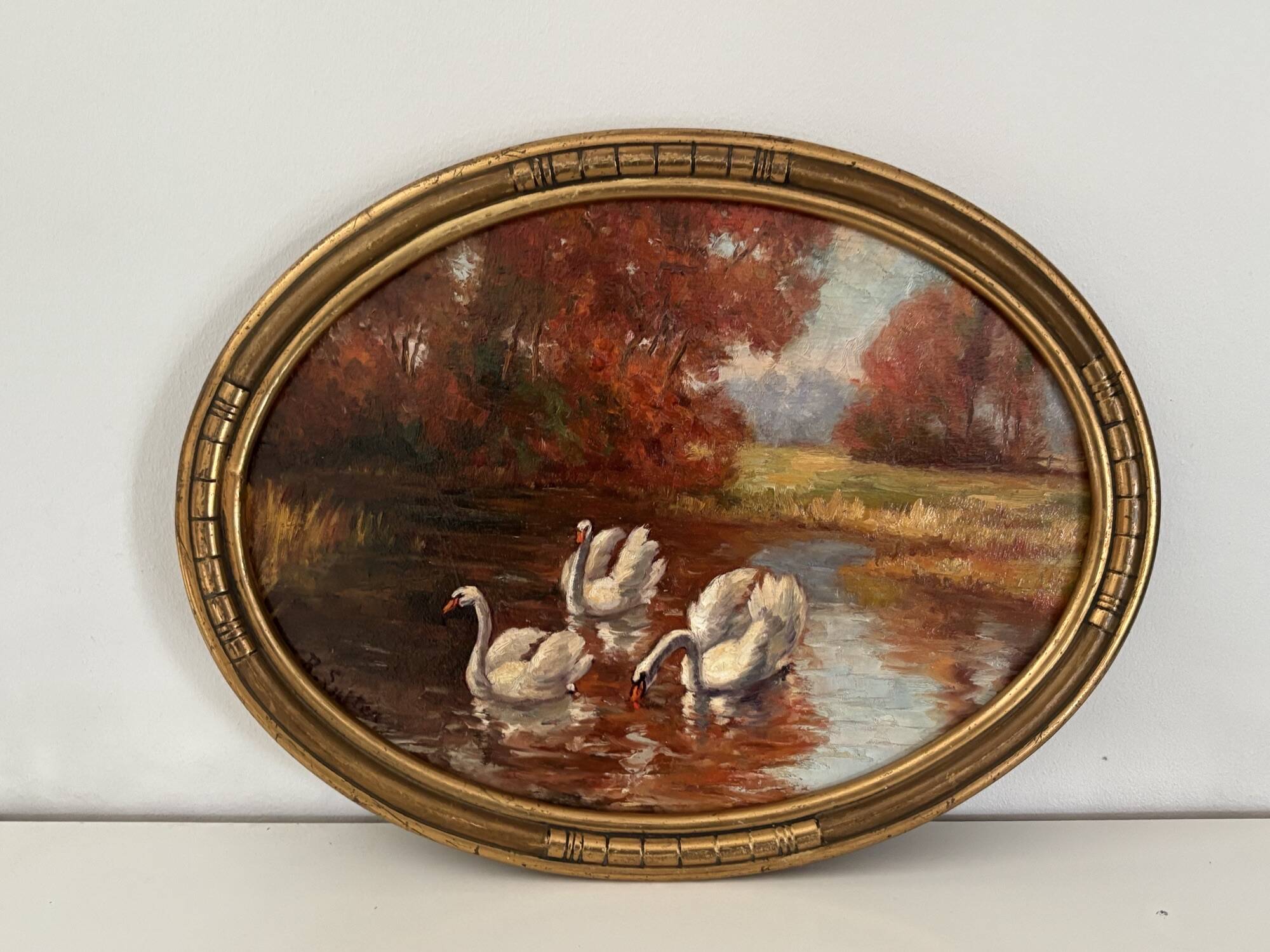 Tableau ancien les cygnes par vers 1920 par R Lutter