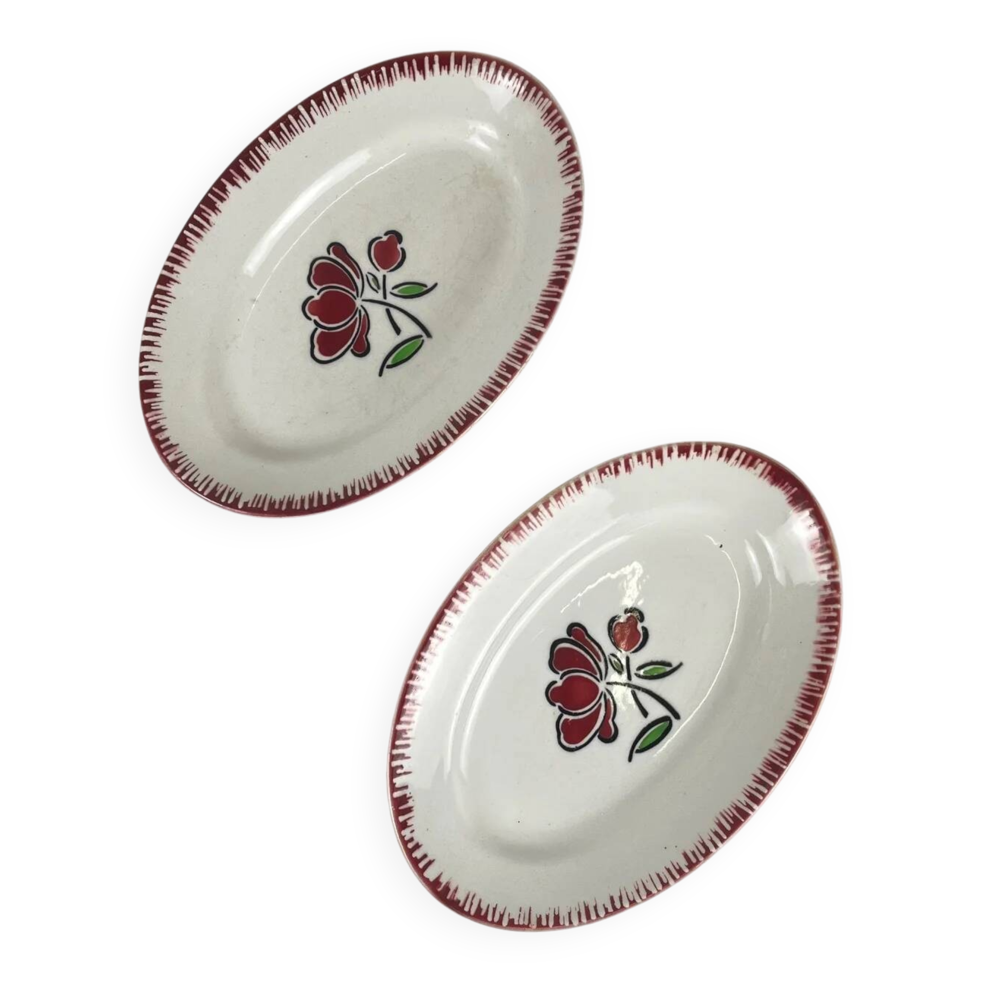 Pair of porcelain serving dishes, Badonviller, red flower, 1950