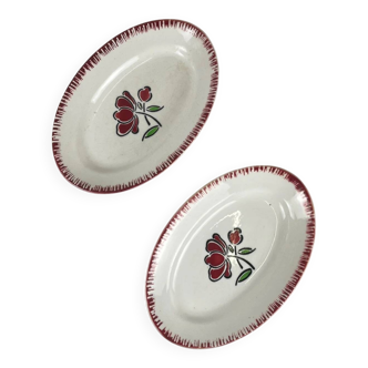 Pair of porcelain serving dishes, Badonviller, red flower, 1950