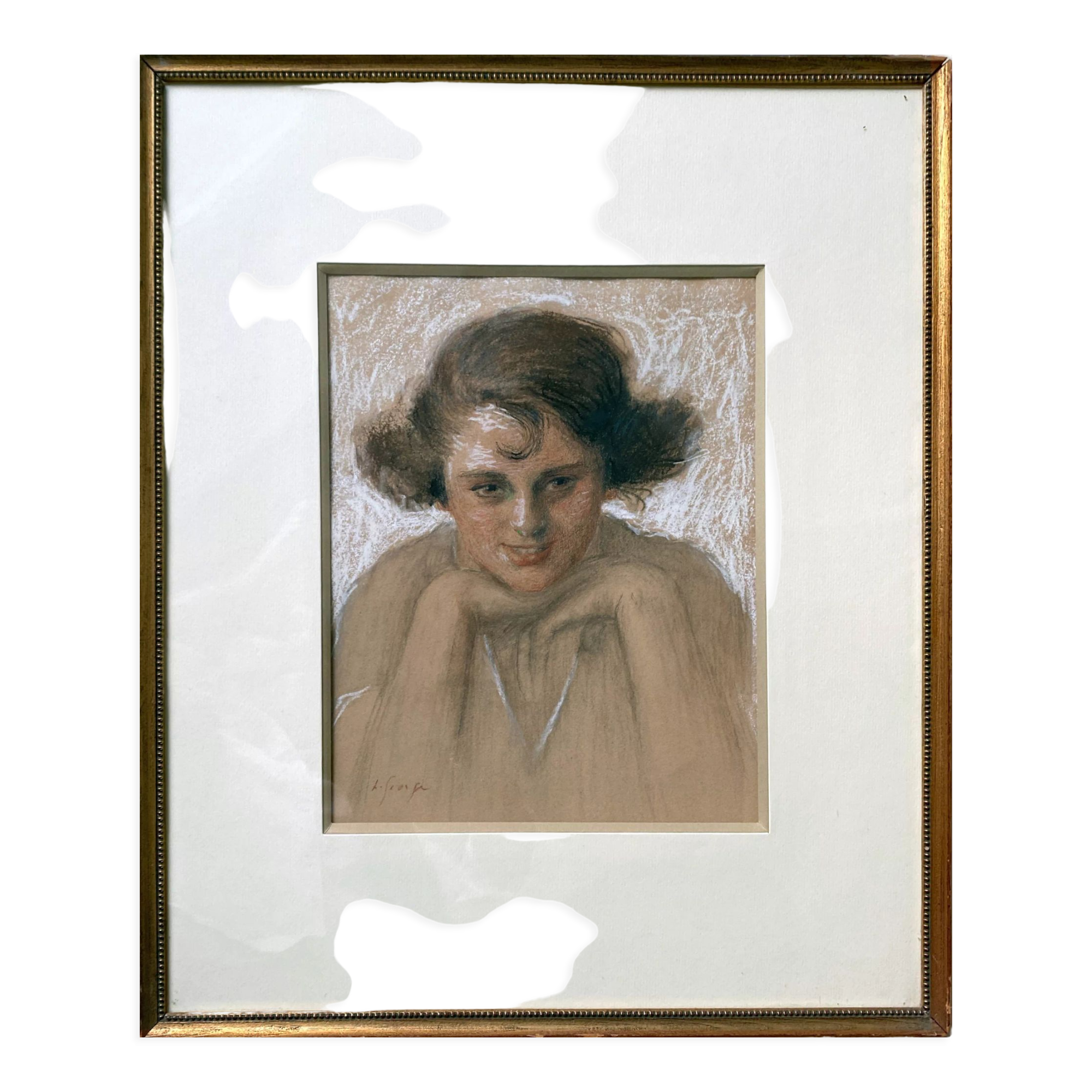 Painting drawing and flange "Young smiling woman" 30's signed L. George