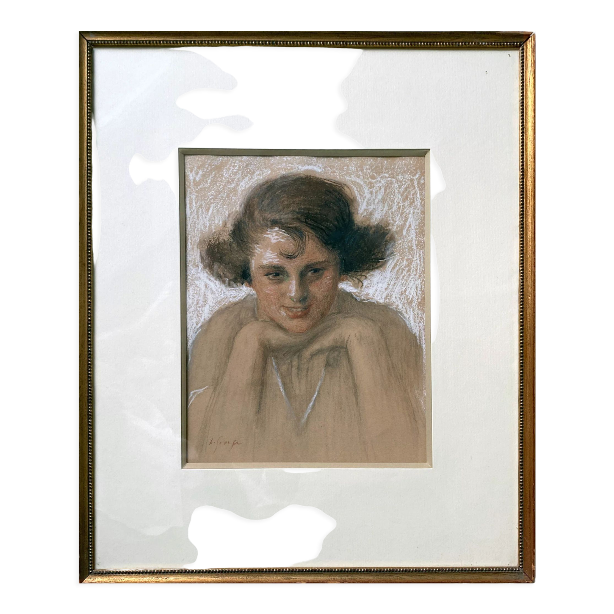 Painting drawing and flange "Young smiling woman" 30's signed L. George